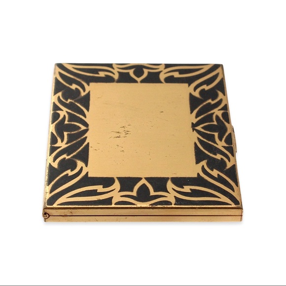 Vintage Elgin American Makeup Powder Compact Case Mirror Black Enamel Gold Tone - Picture 2 of 9